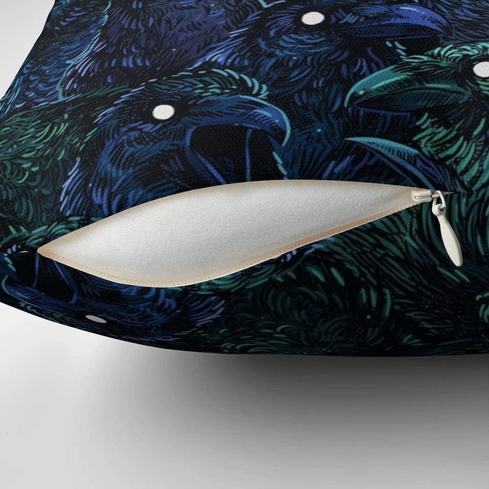Raven pattern throw pillow with dark, spooky design