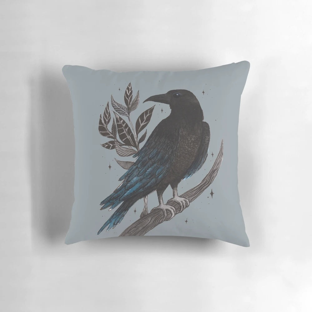Raven Pillow with intricate lineart design, featuring a dark, gothic raven against a backdrop of autumn leaves.