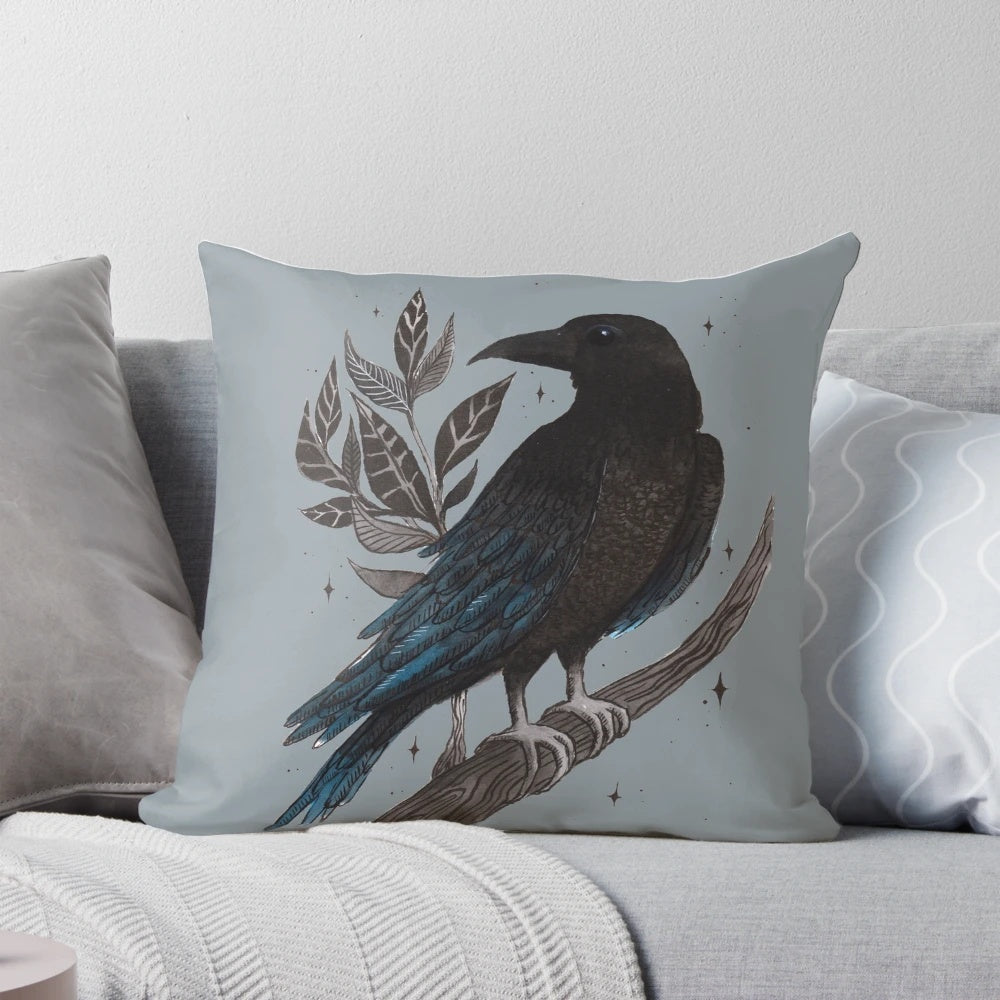 Raven Pillow with intricate lineart design, featuring a dark, gothic raven against a backdrop of autumn leaves.