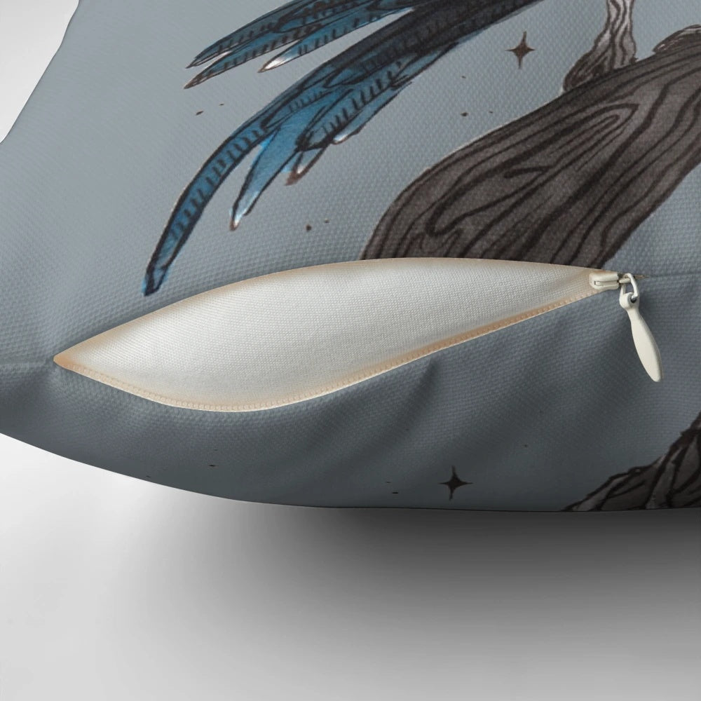 Raven Pillow with intricate lineart design, featuring a dark, gothic raven against a backdrop of autumn leaves.