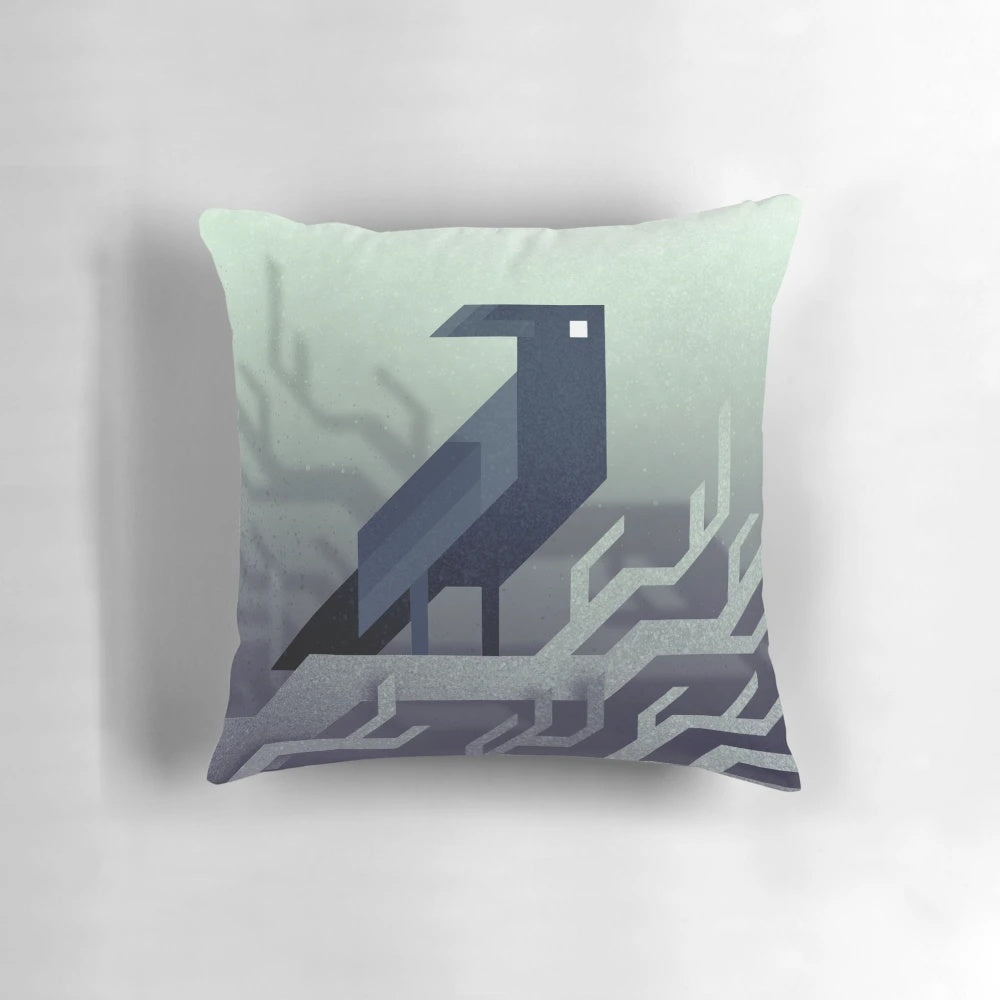 A stylized pixelated image of a raven or crow in black and white, perfect for a modern, minimalist home decor.