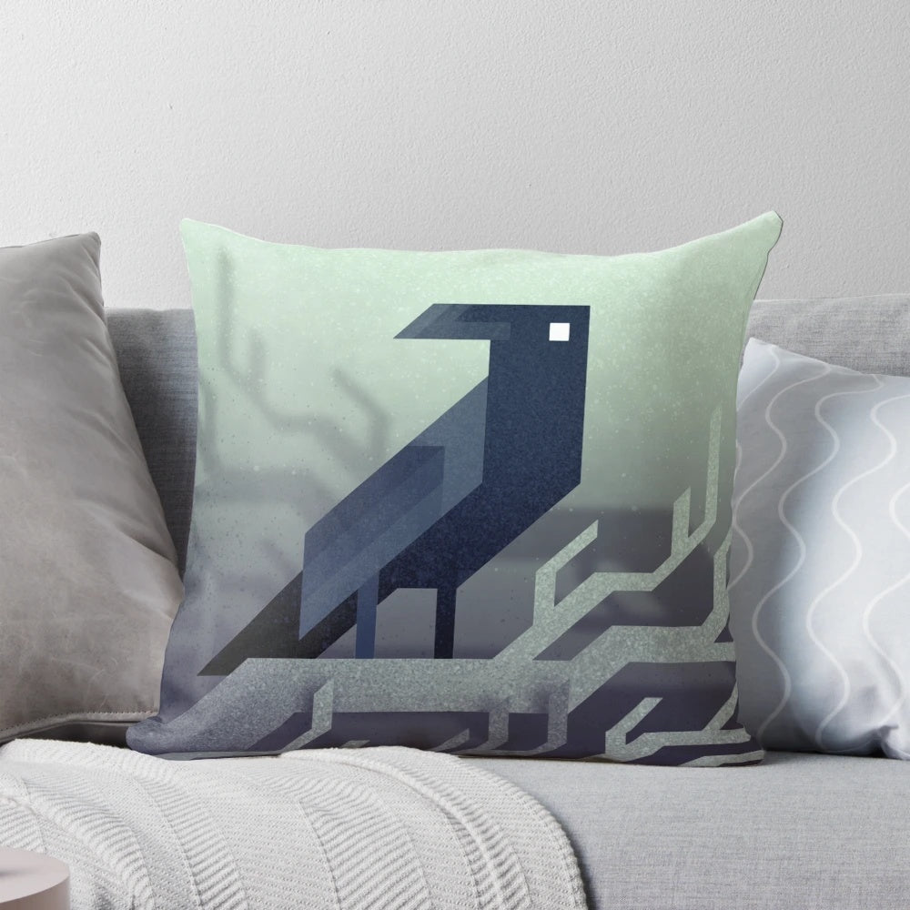 A stylized pixelated image of a raven or crow in black and white, perfect for a modern, minimalist home decor.