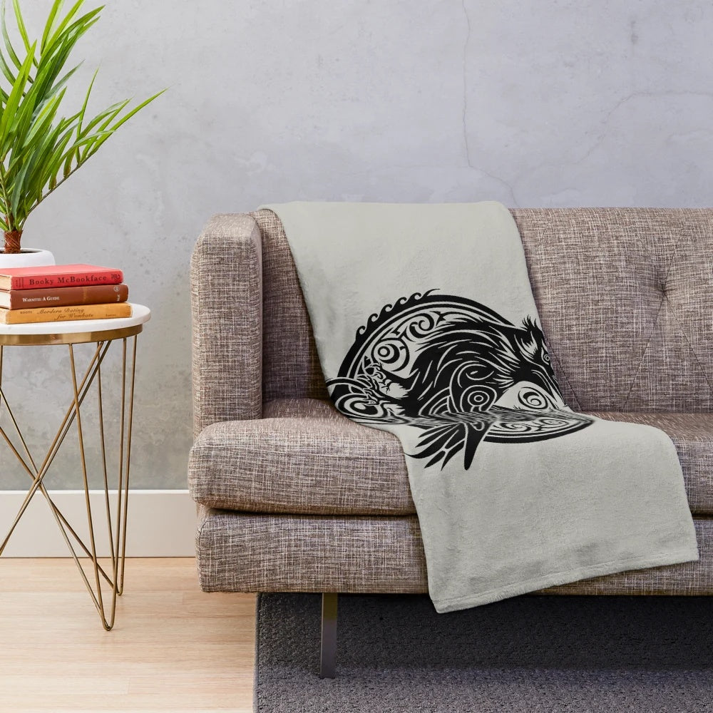 Raven silhouette plush blanket with tribal elements and legendary animal design