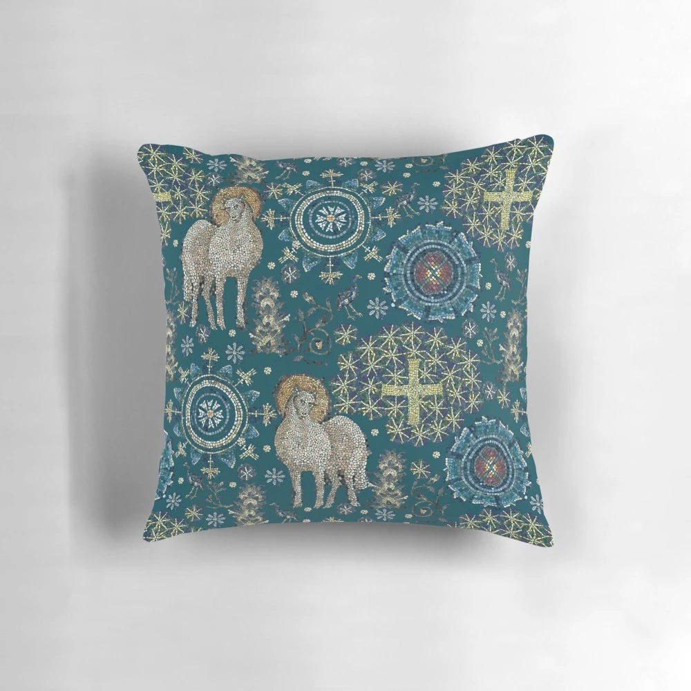 Decorative pillow featuring a vibrant mosaic design inspired by the Byzantine art of Ravenna, Italy.
