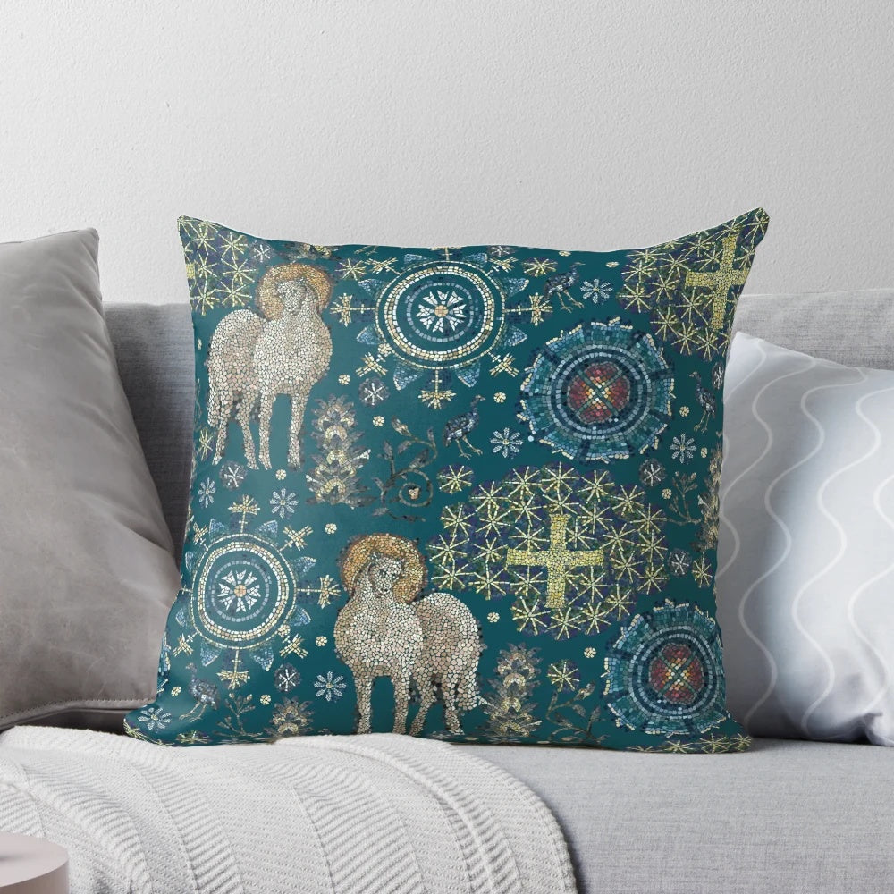 Decorative pillow featuring a vibrant mosaic design inspired by the Byzantine art of Ravenna, Italy.