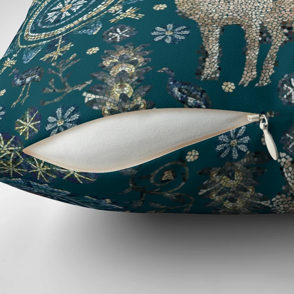 Decorative pillow featuring a vibrant mosaic design inspired by the Byzantine art of Ravenna, Italy.