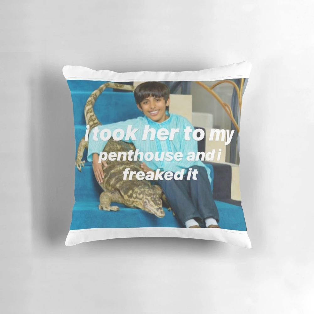 Ravi's Freaked-Out Pillow from Disney's Jessie, featuring a lizard and rap lyrics
