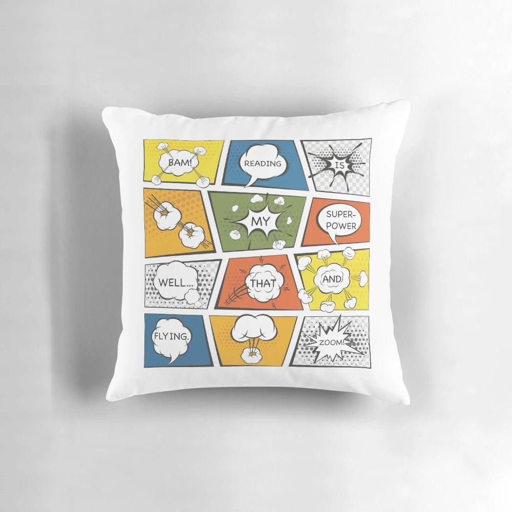 A vibrant, colorful pillow with the text 'Reading Is My Superpower' for comic book and graphic novel enthusiasts.