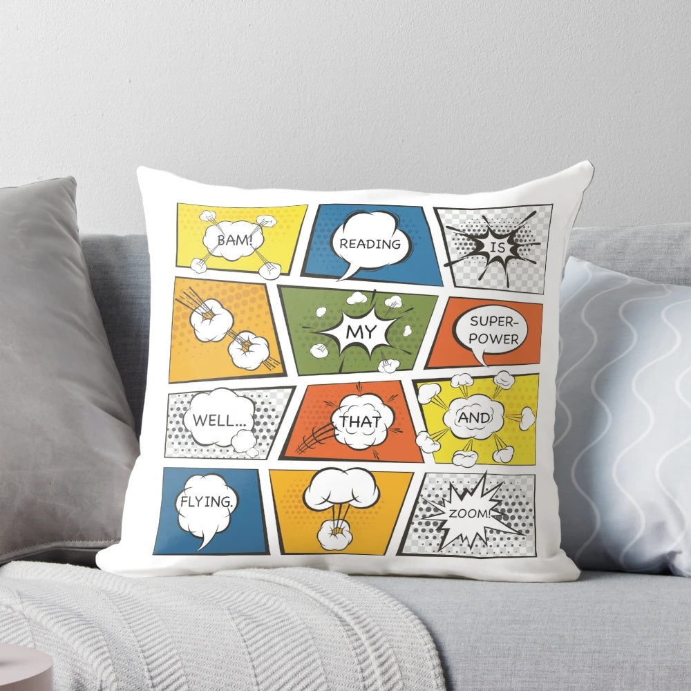 A vibrant, colorful pillow with the text 'Reading Is My Superpower' for comic book and graphic novel enthusiasts.