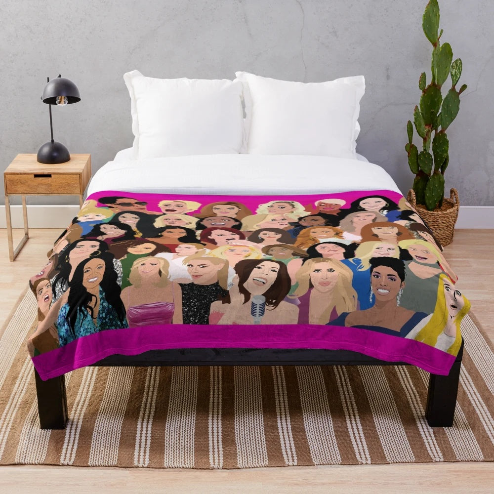 Real Housewives inspired plush blanket with montage of RHONY, RHOBH, RHOA, RHONJ, RHOP, RHOC, RHOD, and VPR characters