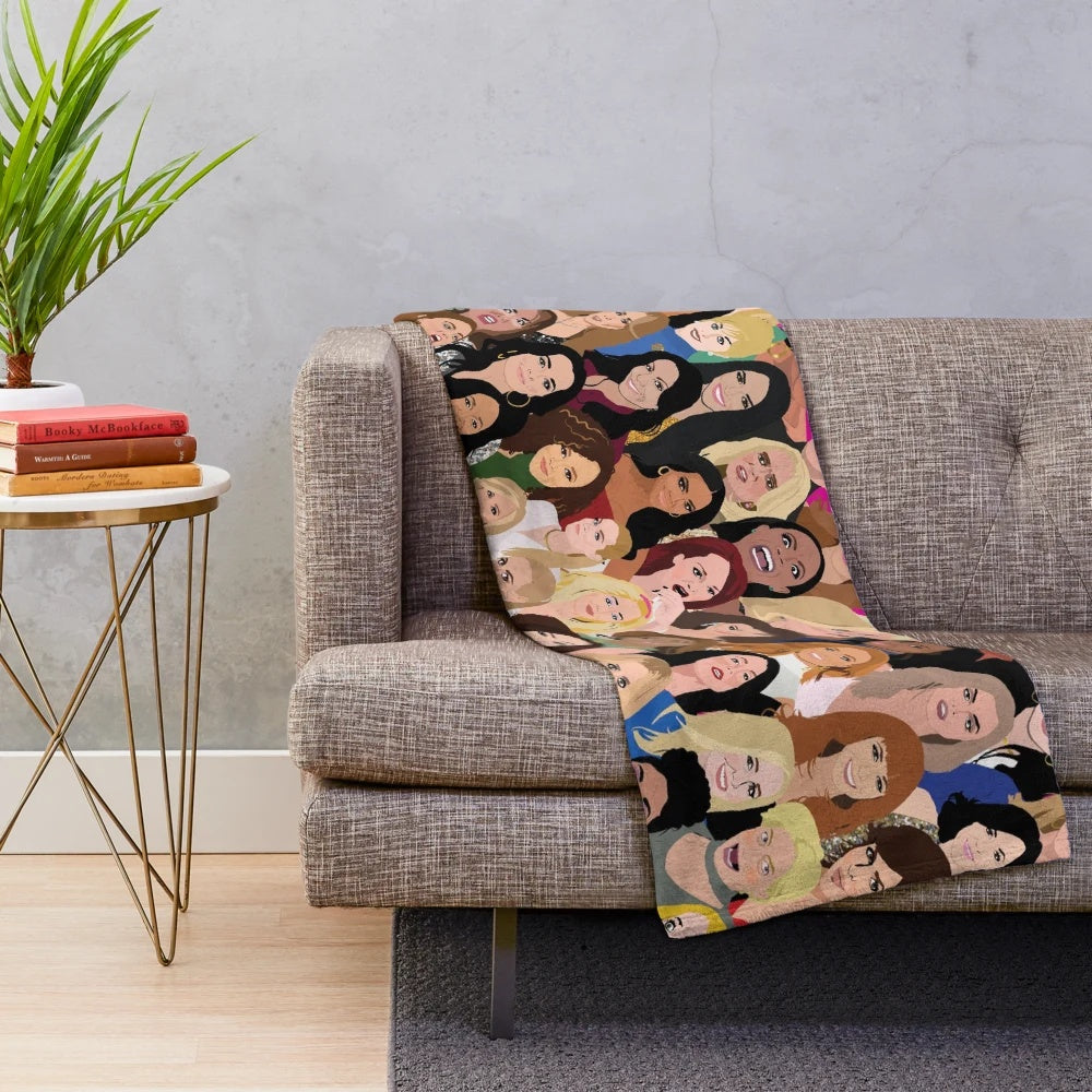 Real Housewives inspired plush blanket with montage of RHONY, RHOBH, RHOA, RHONJ, RHOP, RHOC, RHOD, and VPR characters