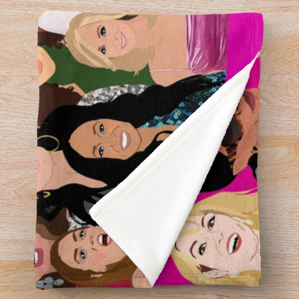 Real Housewives inspired plush blanket with montage of RHONY, RHOBH, RHOA, RHONJ, RHOP, RHOC, RHOD, and VPR characters