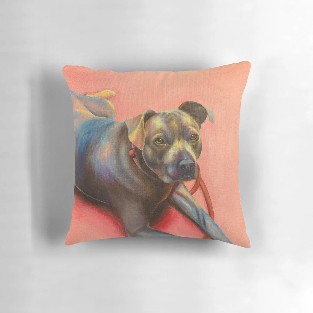 Realistic acrylic painting of a cute pink dog printed on a pillow
