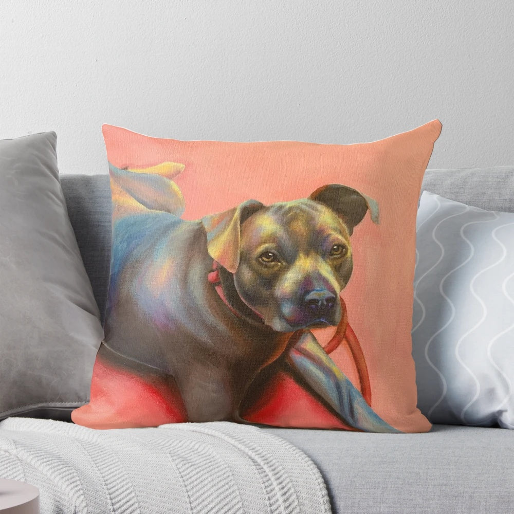 Realistic acrylic painting of a cute pink dog printed on a pillow