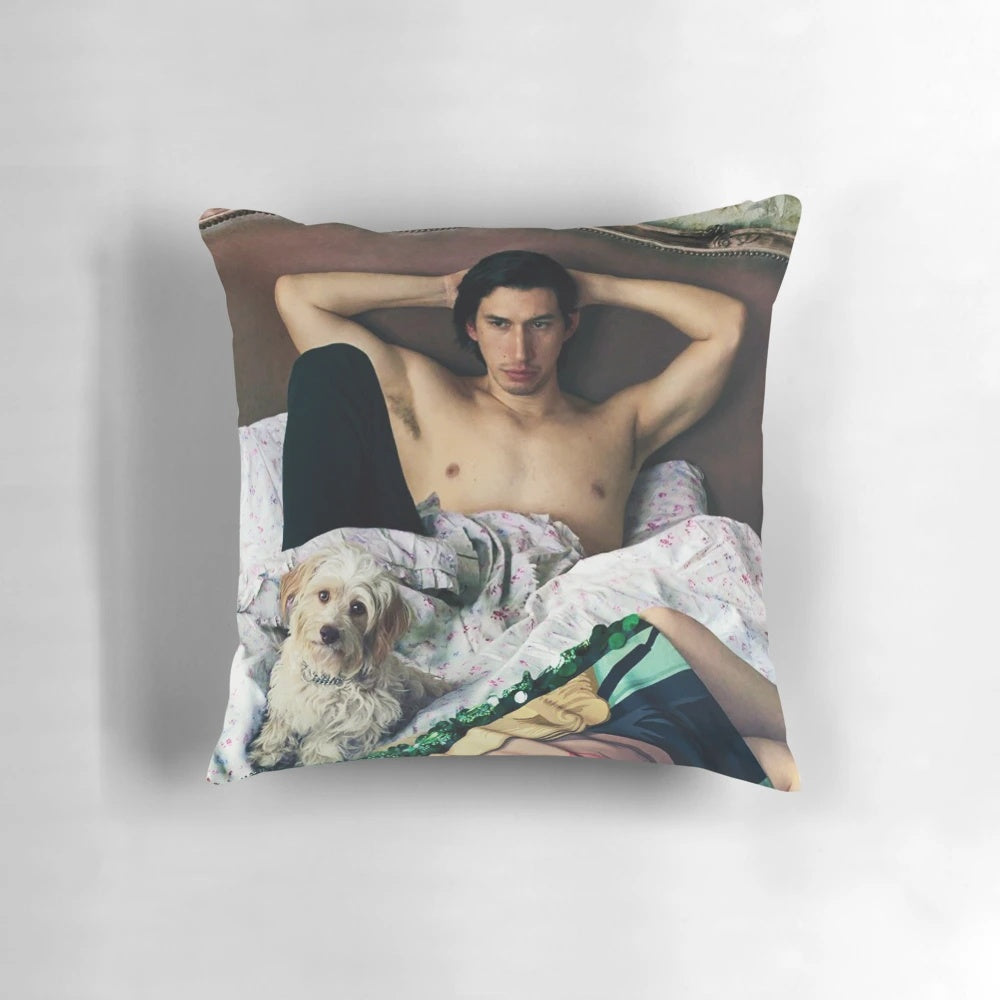 Artistic portrait pillow featuring a realistic image of actor Adam Driver posing with a dog.