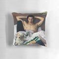 Artistic portrait pillow featuring a realistic image of actor Adam Driver posing with a dog.