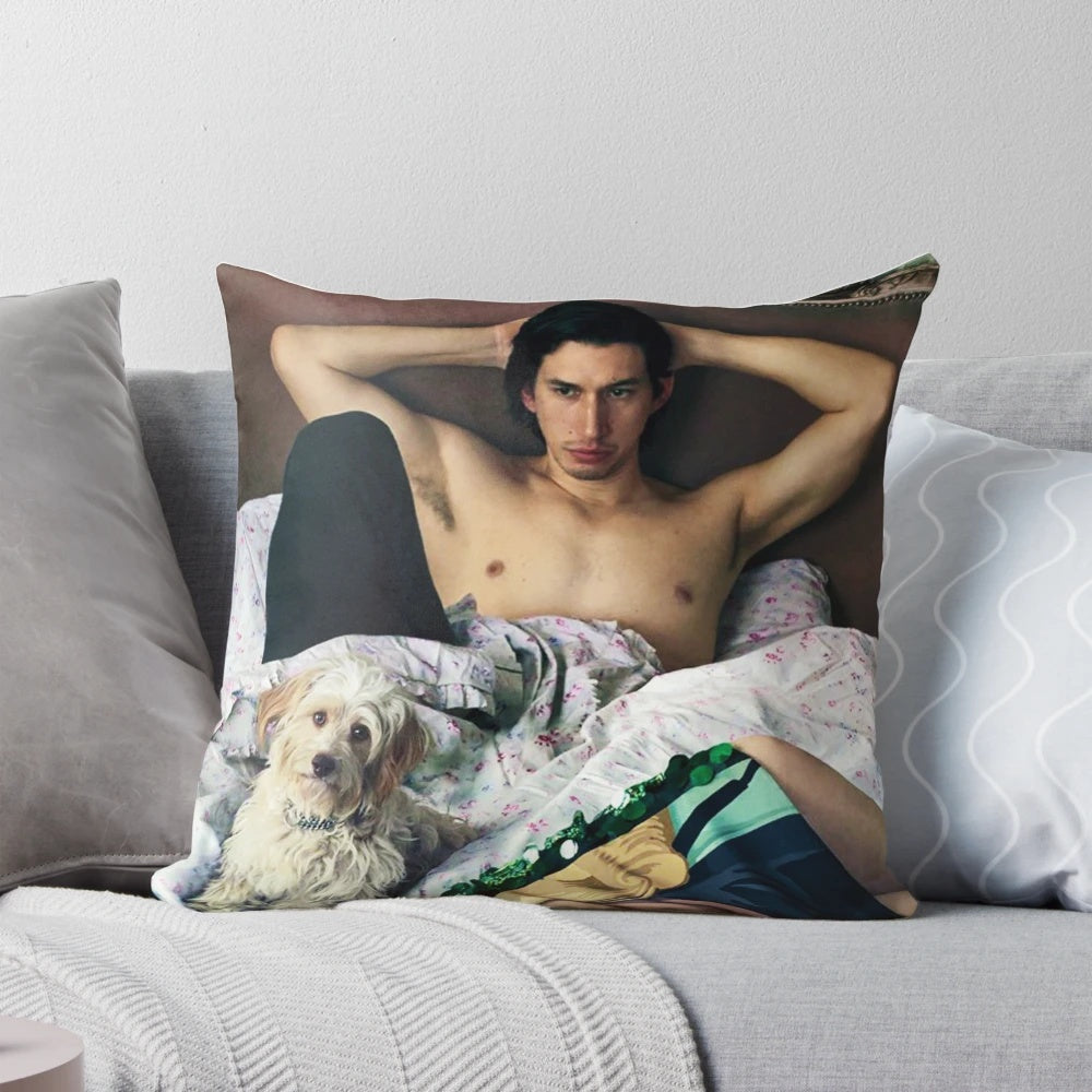 Artistic portrait pillow featuring a realistic image of actor Adam Driver posing with a dog.