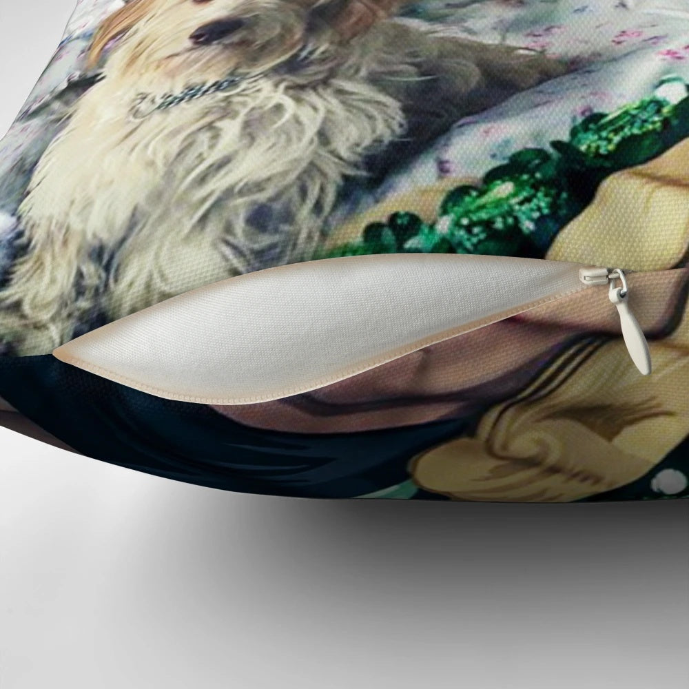 Artistic portrait pillow featuring a realistic image of actor Adam Driver posing with a dog.