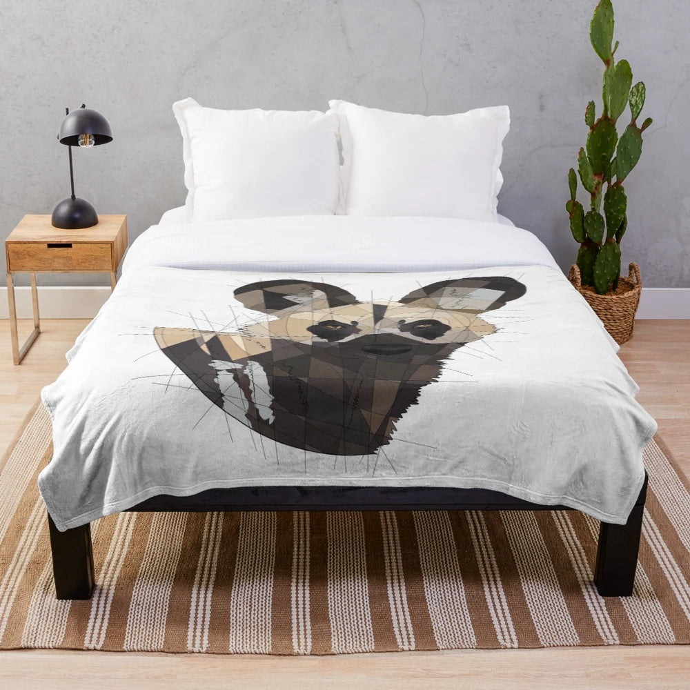 Realistic African wild dog plush blanket with geometric print design