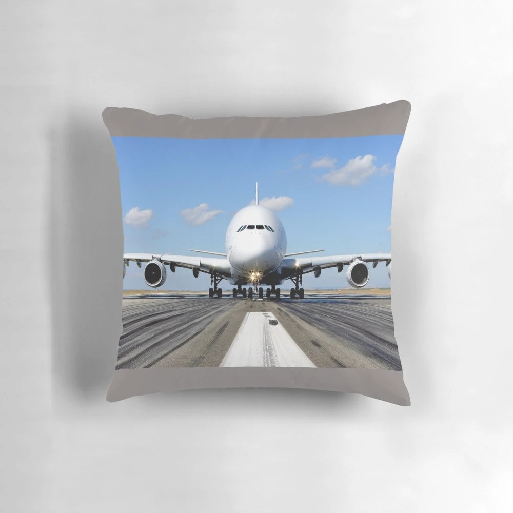 Realistic Airbus A380 plane image printed on a soft, plush pillow.