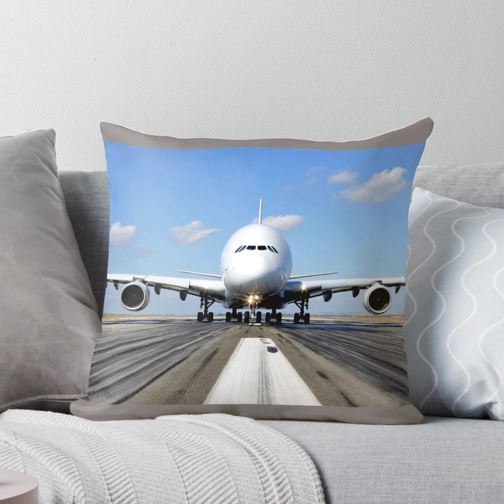 Realistic Airbus A380 plane image printed on a soft, plush pillow.