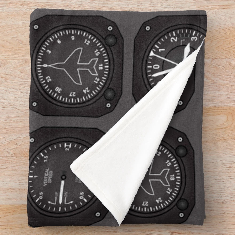 Pilot Flight Instruments Plush Blanket with Aviation Themed Cockpit Design
