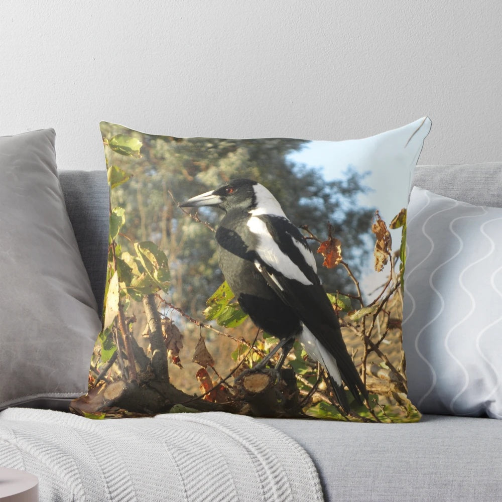 Close-up image of a beautiful male Australian magpie printed on a soft, comfortable pillow.