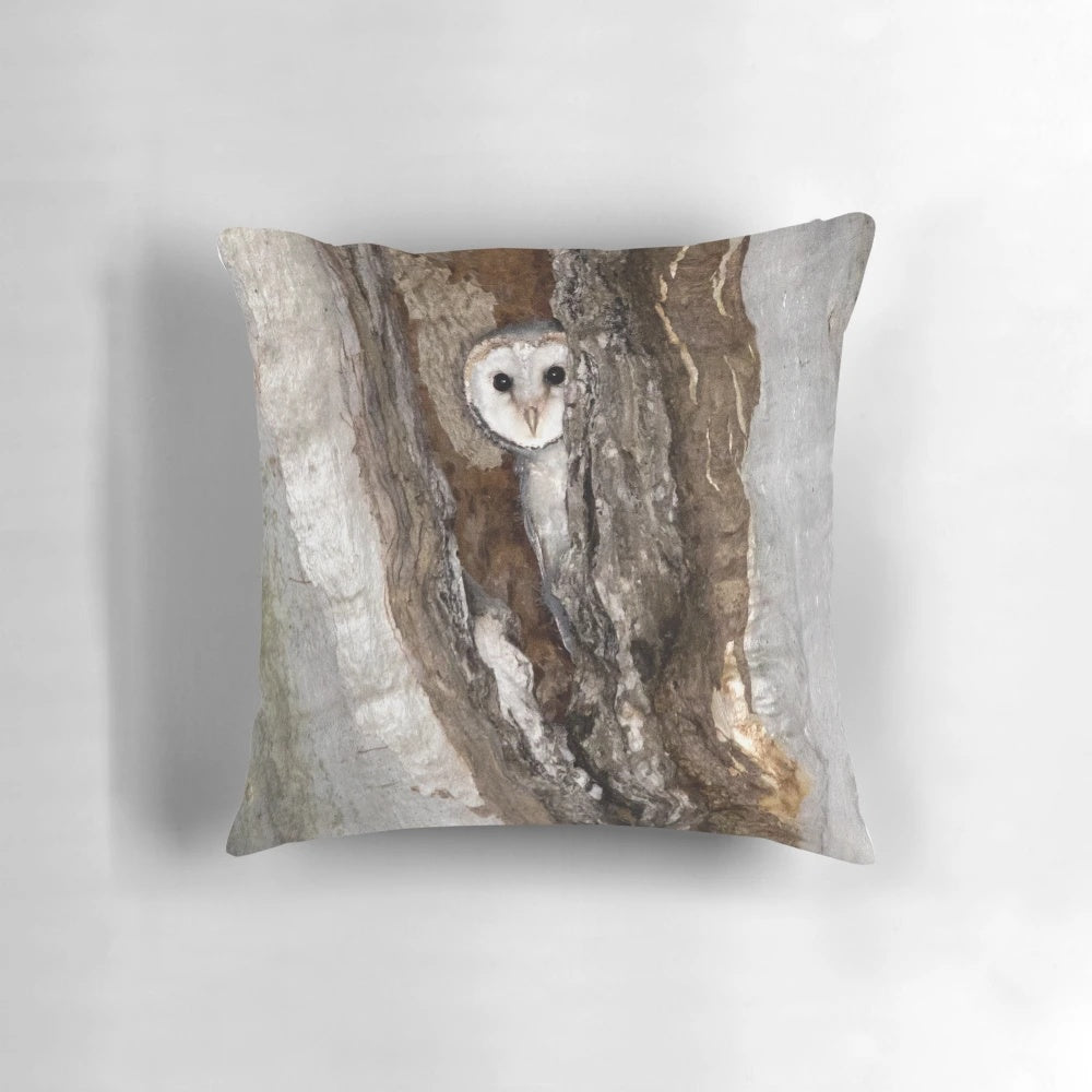 Realistic barn owl print pillow with a peekaboo design