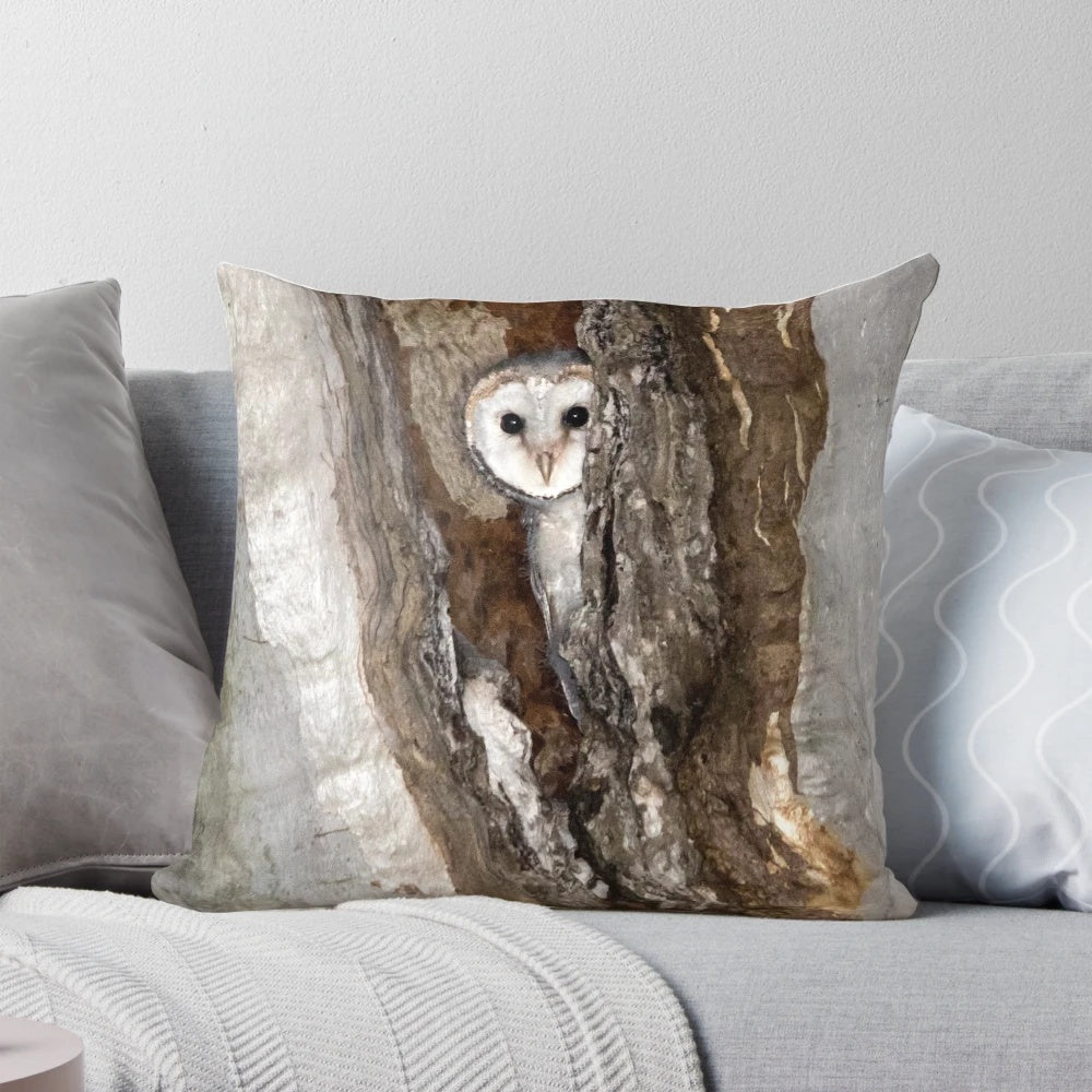 Realistic barn owl print pillow with a peekaboo design