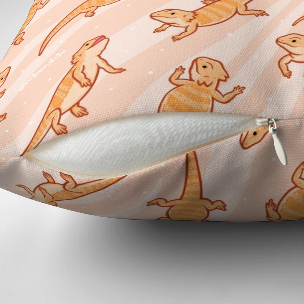 A soft, plush pillow featuring a detailed bearded dragon design, perfect for decorating the home of any reptile enthusiast.