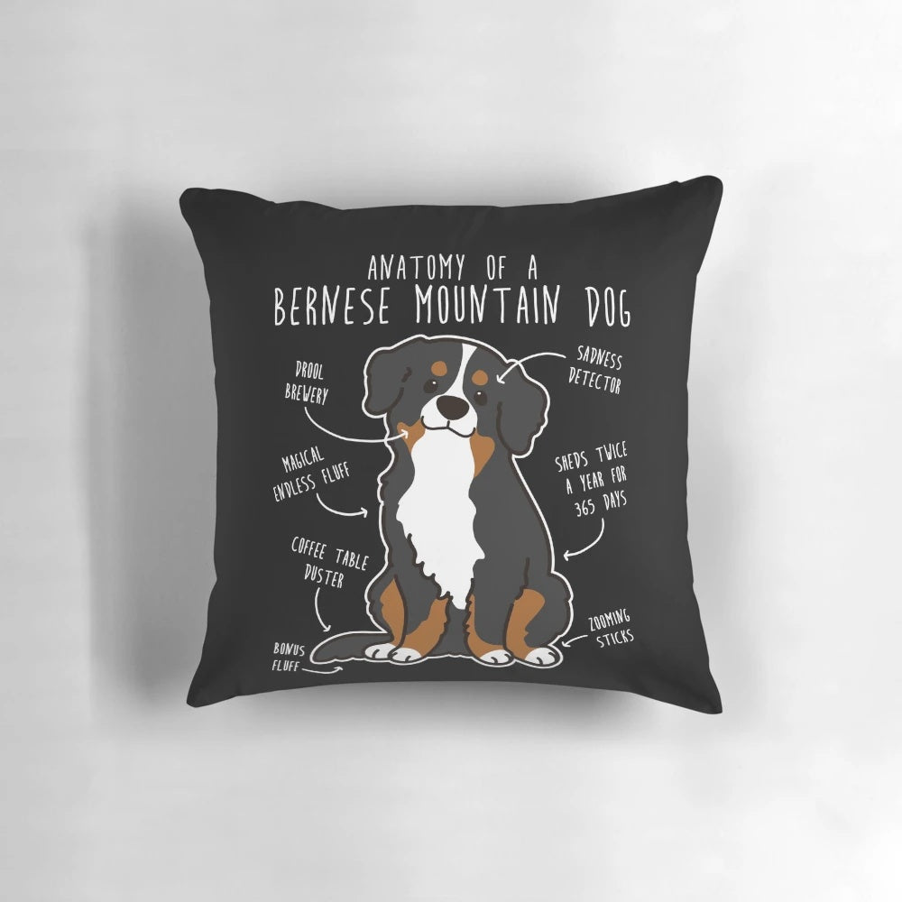 Plush Bernese Mountain Dog Anatomy Pillow with Detailed Dog Breed Anatomy Illustration