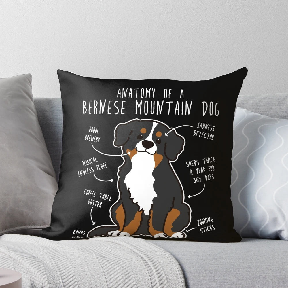 Plush Bernese Mountain Dog Anatomy Pillow with Detailed Dog Breed Anatomy Illustration