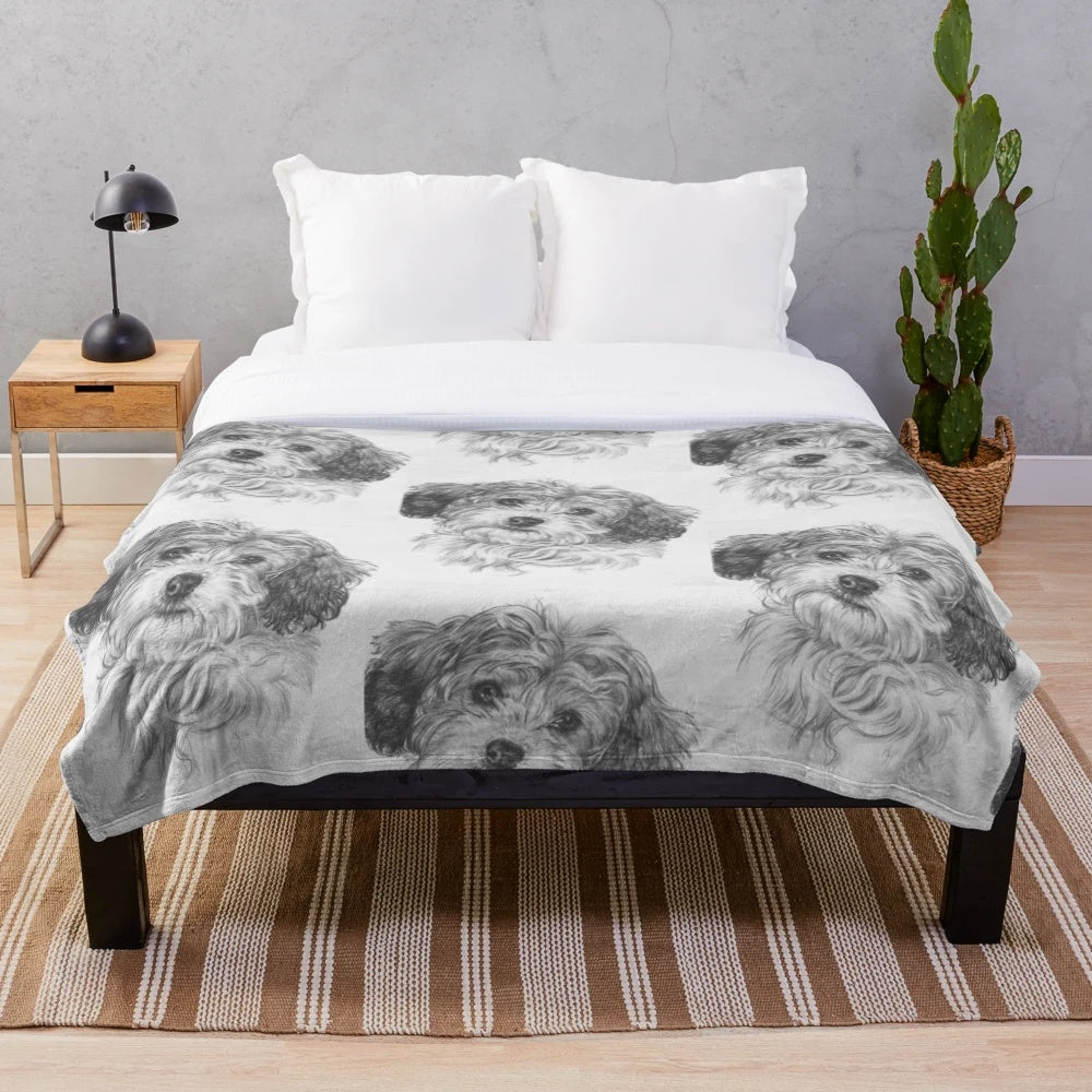 Realistic Bichon Cavalier pet portrait on a plush blanket