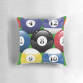 A colorful and lifelike pillow depicting a racked set of pool balls on a pool table, perfect for billiards and cue sports enthusiasts.