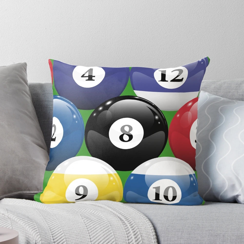 A colorful and lifelike pillow depicting a racked set of pool balls on a pool table, perfect for billiards and cue sports enthusiasts.