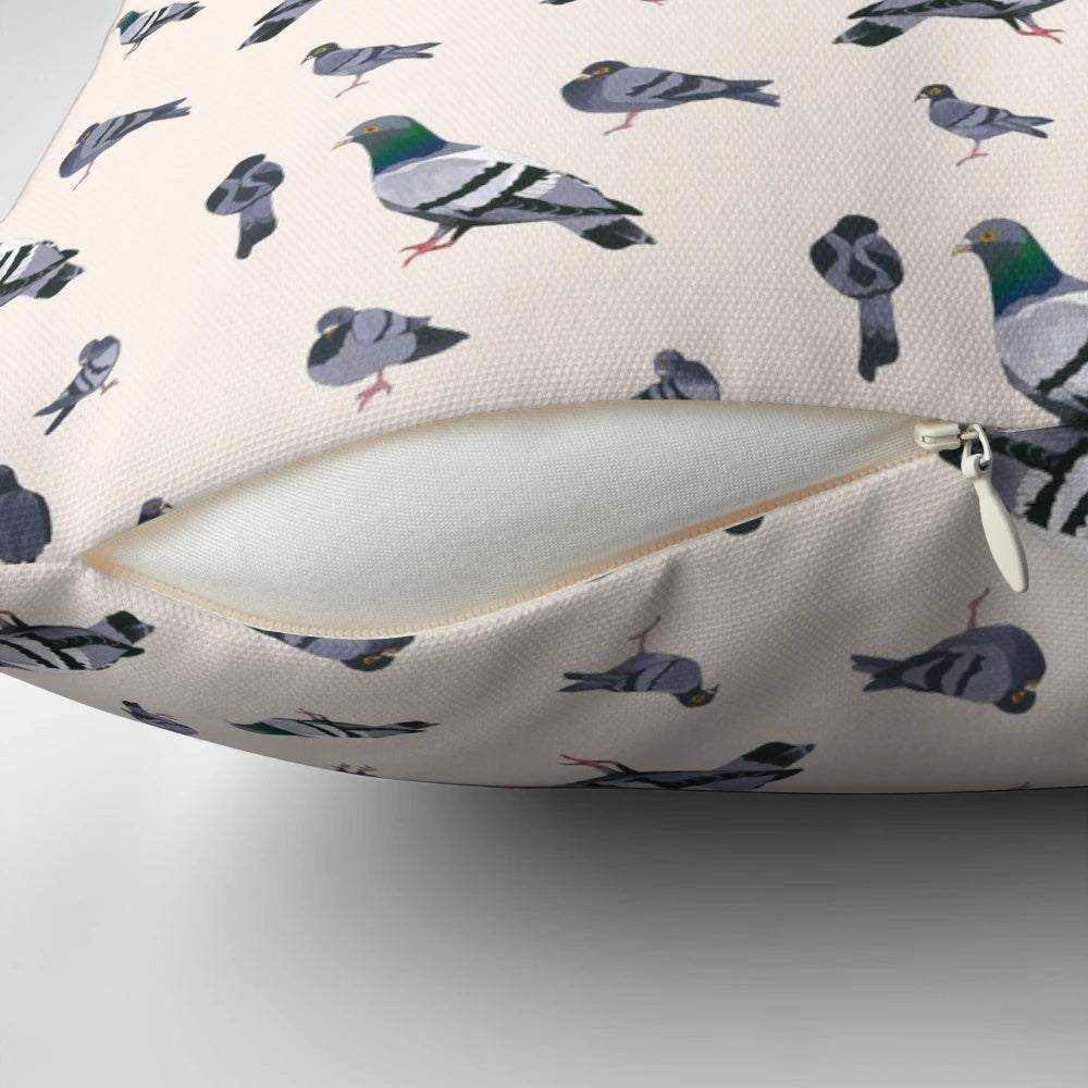 A decorative throw pillow featuring a lifelike watercolor design of bird poo or pigeon droppings.