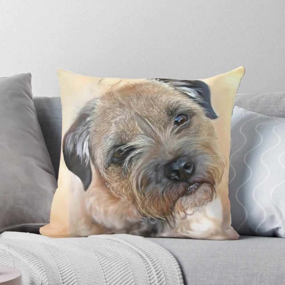 A realistic border terrier dog portrait painting on a decorative throw pillow.