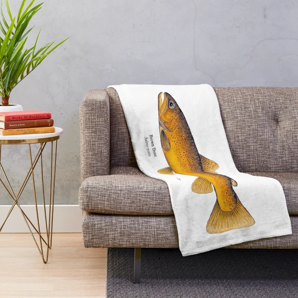 Plush blanket featuring a realistic watercolor painting of a brown trout