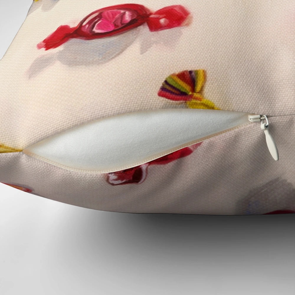 A colorful and sweet candy-inspired throw pillow featuring a realistic painted pattern design.