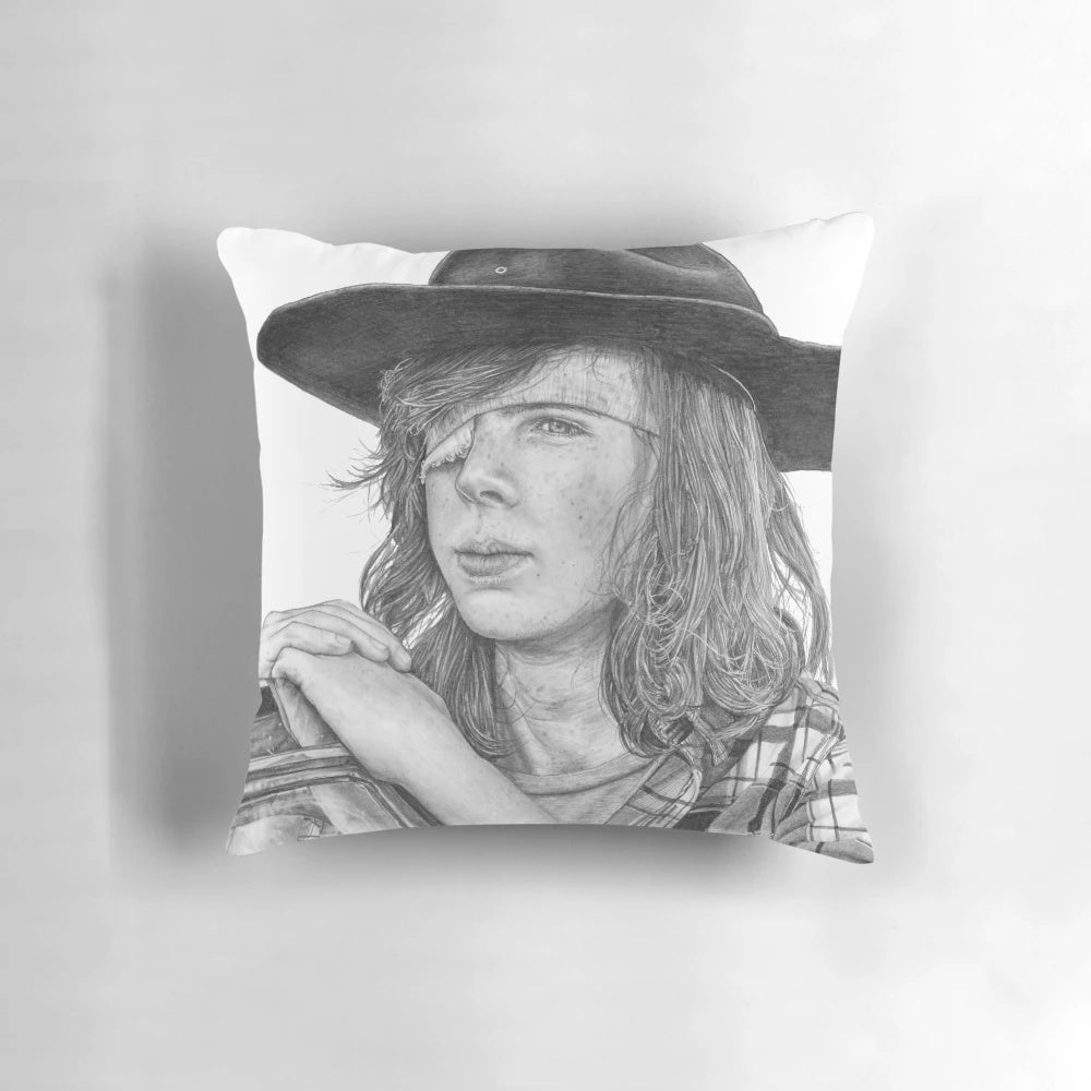 Detailed graphite portrait of Carl Grimes from The Walking Dead TV show printed on a cozy pillow