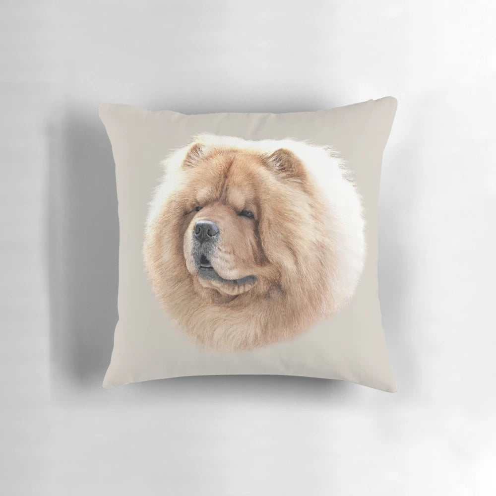 Plush Chow Chow dog portrait pillow featuring a lifelike design by artist Steph Dix