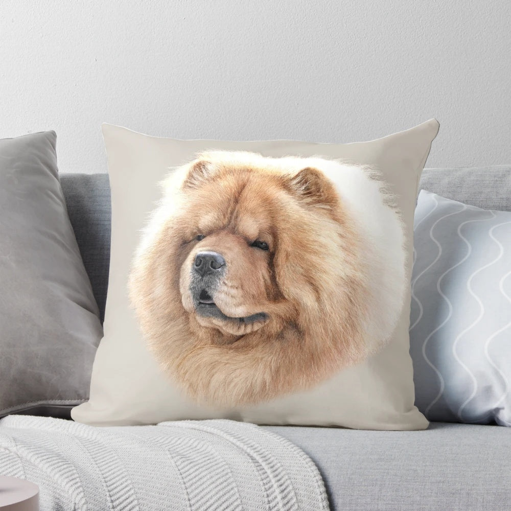 Plush Chow Chow dog portrait pillow featuring a lifelike design by artist Steph Dix