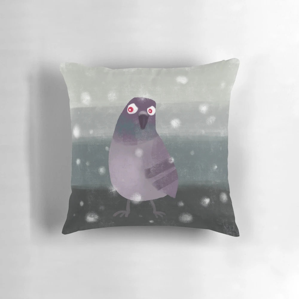 A high-quality throw pillow featuring a detailed, realistic image of an urban pigeon.