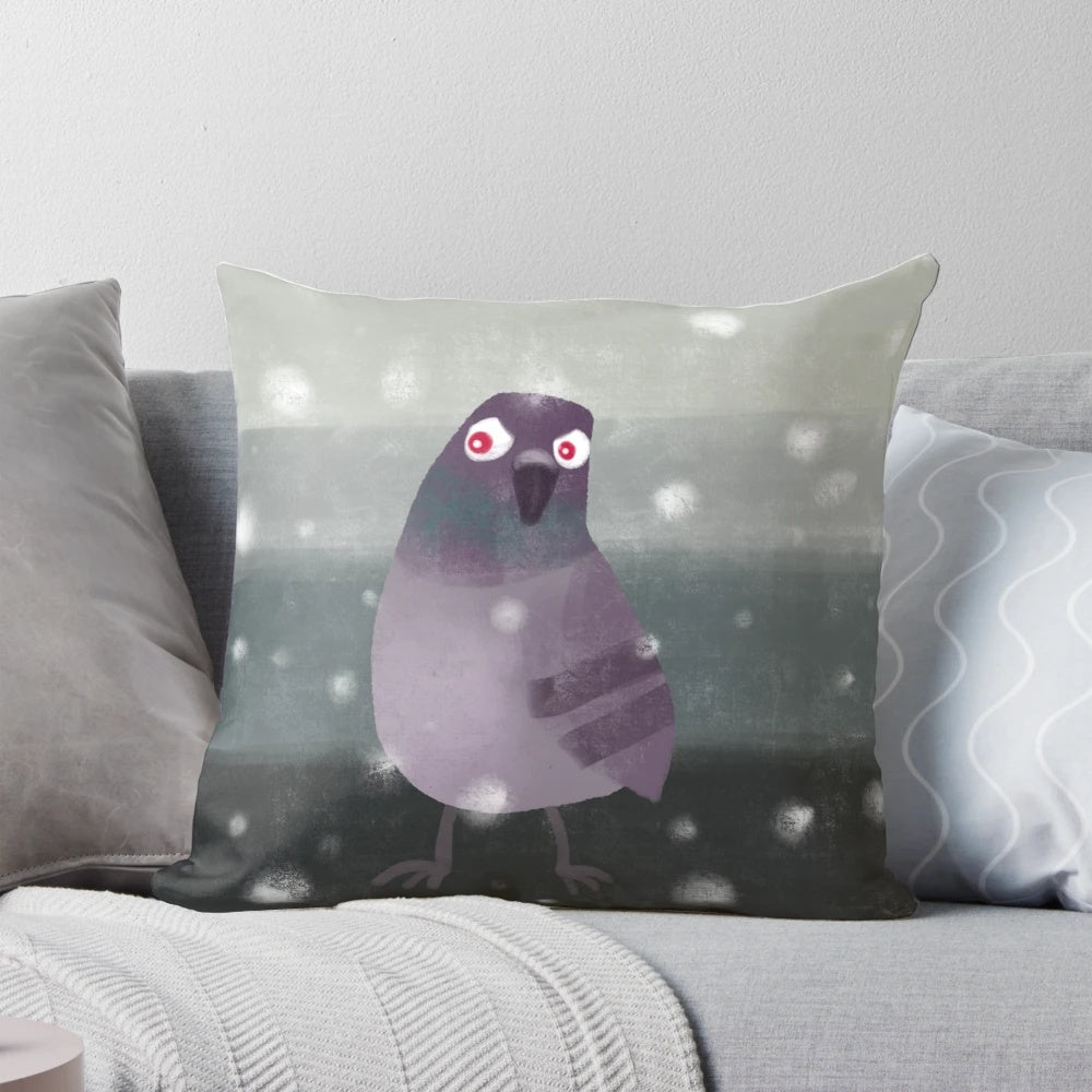 A high-quality throw pillow featuring a detailed, realistic image of an urban pigeon.