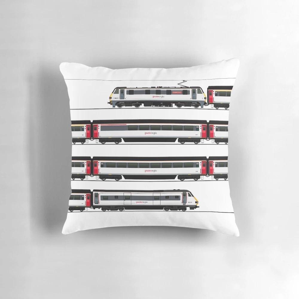 Class 90 Greater Anglia Locomotive Pillow featuring a detailed design of the iconic British Rail train engine