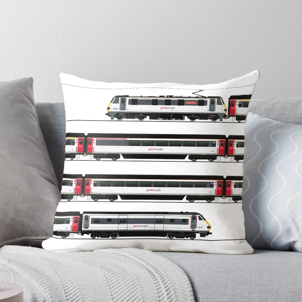 Class 90 Greater Anglia Locomotive Pillow featuring a detailed design of the iconic British Rail train engine