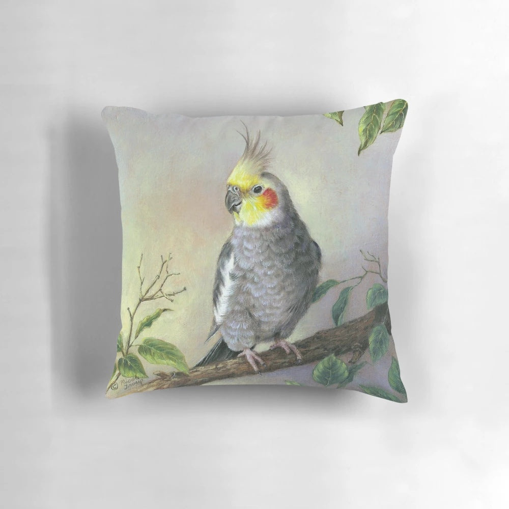 Soft and cuddly cockatiel pillow with detailed gray feathers and lifelike design, perfect for bird enthusiasts and nature-inspired home decor.