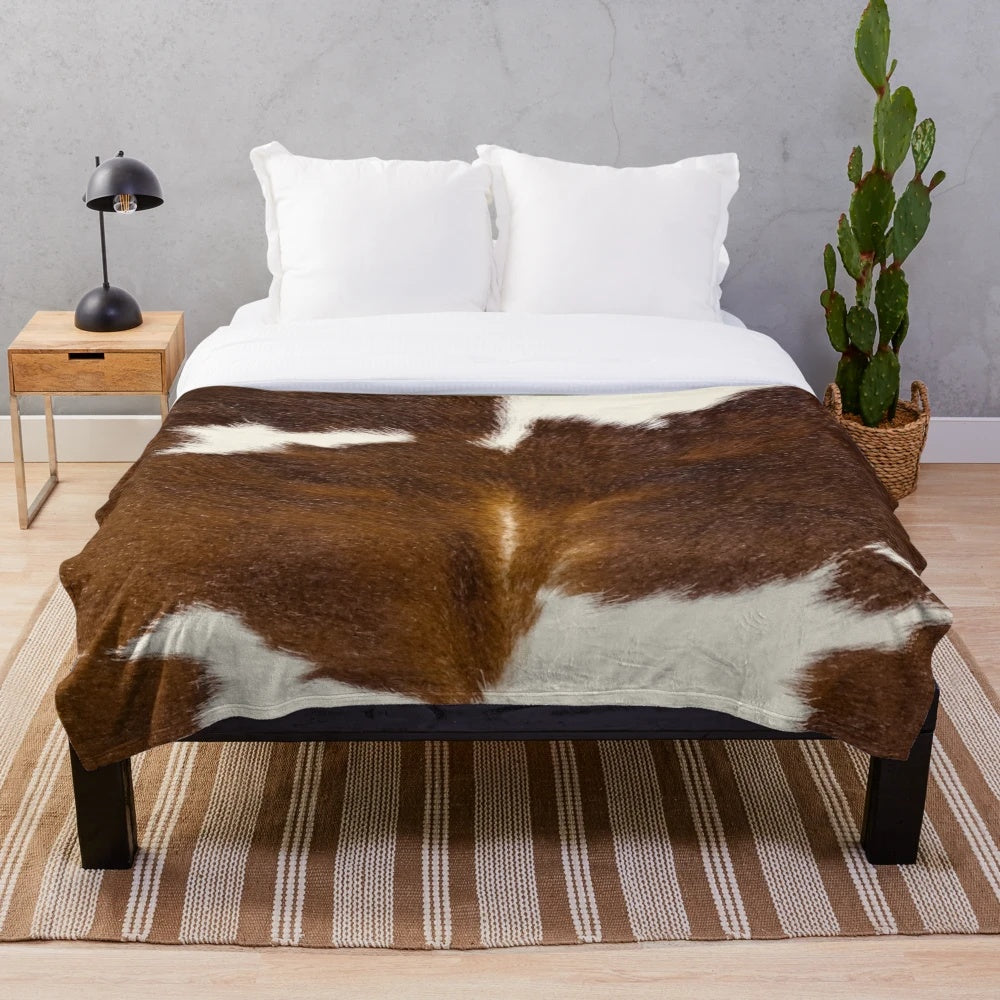 Realistic brown cow print plush blanket