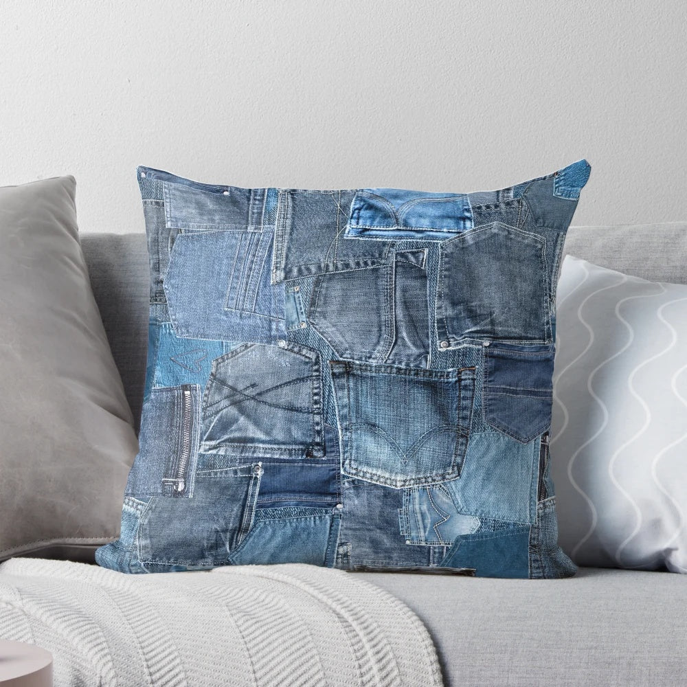 Photograph of a close-up view of a distressed and washed denim jeans pocket with a patchwork pattern, perfect for design projects.