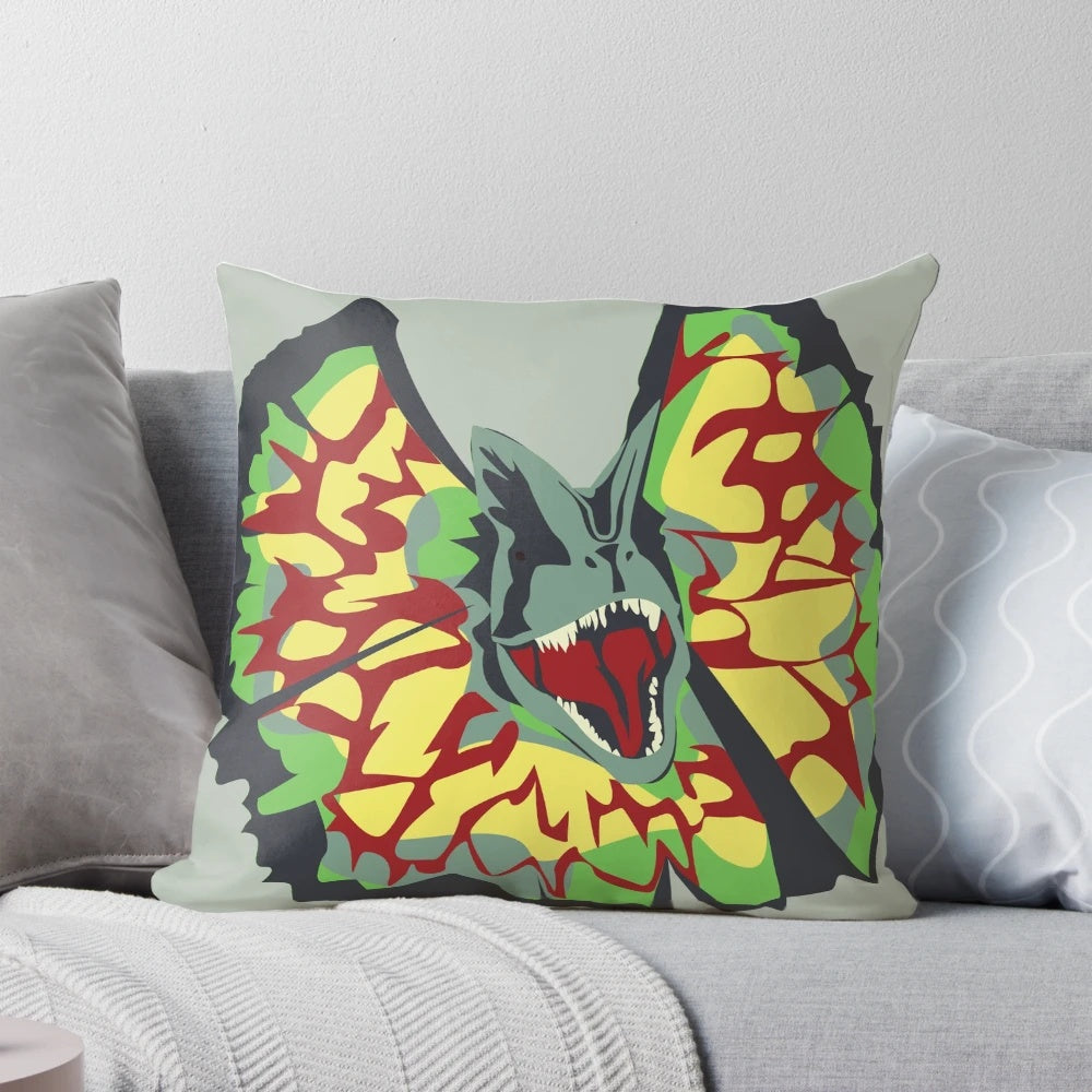 Soft, plush pillow featuring a realistic graphic design of the Dilophosaurus dinosaur from the Jurassic Park franchise.